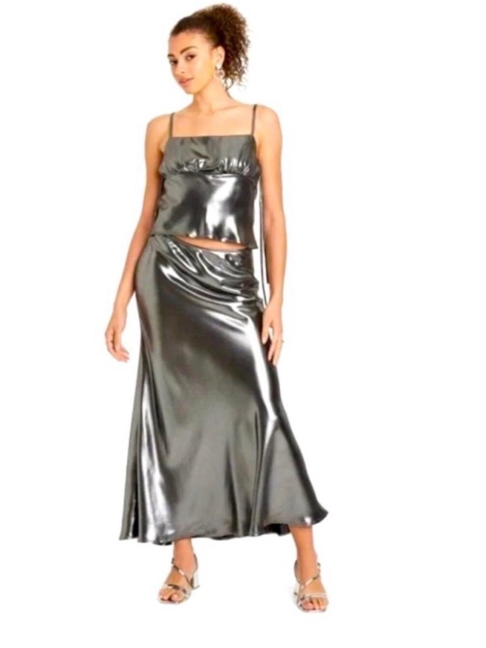 wild fable Silver Metallic Satin Maxi Skirt XS Futuristic Glam Edgy Rock Cyber